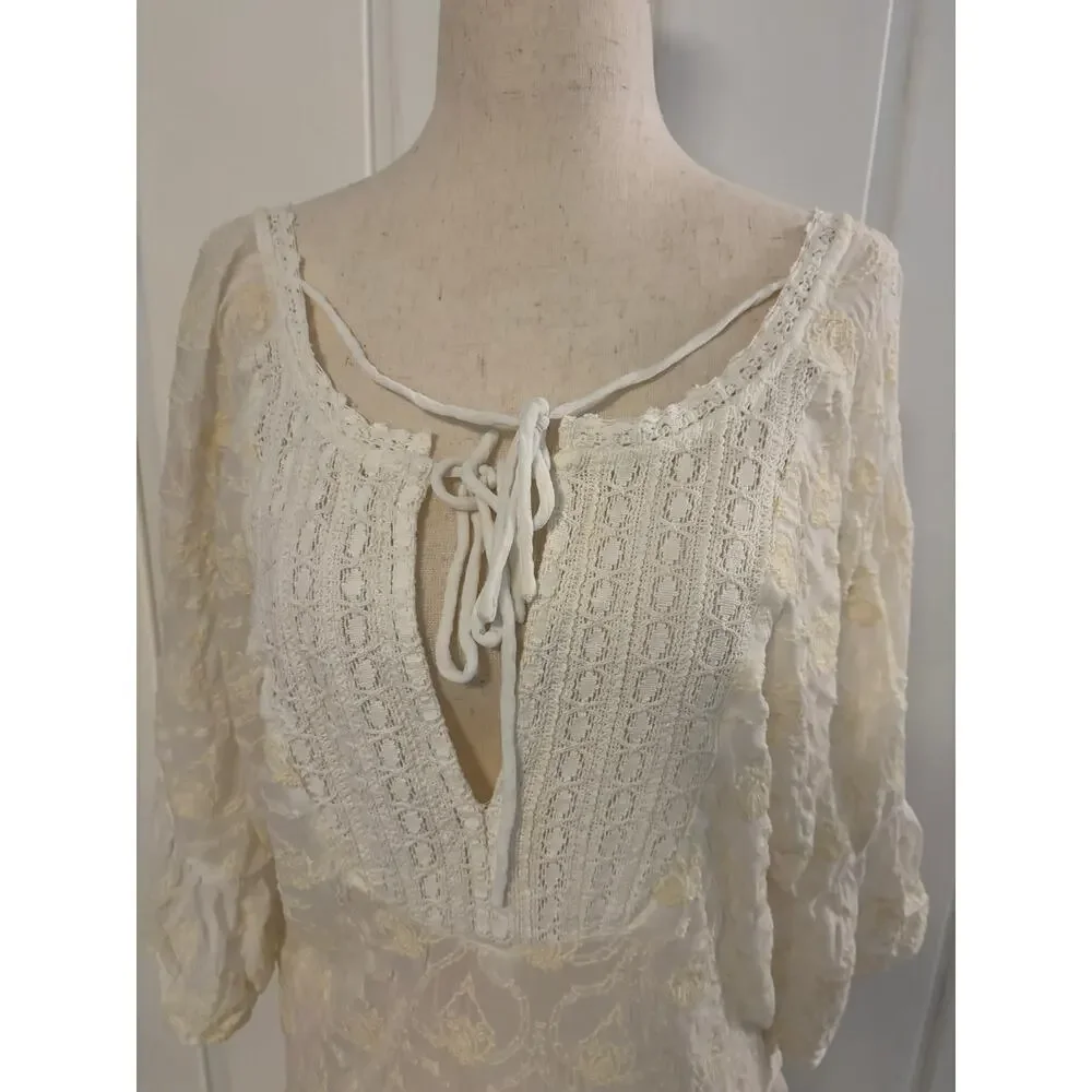 Anthropologie Ivory Boho Lace Tunic Top Small Peasant Crochet Ruffle